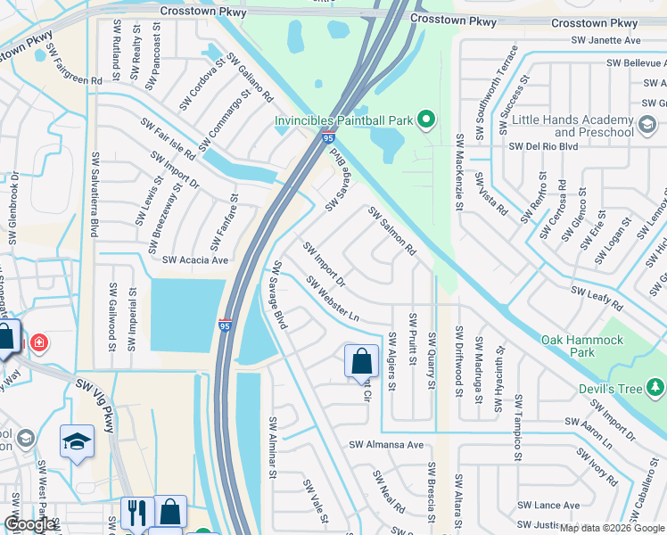map of restaurants, bars, coffee shops, grocery stores, and more near 2325 Southwest Import Drive in Port St. Lucie