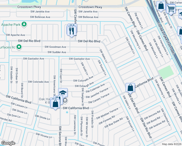 map of restaurants, bars, coffee shops, grocery stores, and more near 1972 Southwest Flower Lane in Port St. Lucie