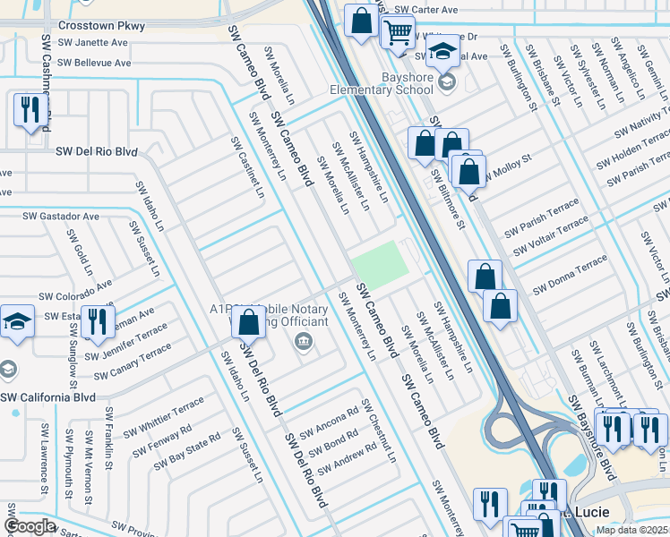 map of restaurants, bars, coffee shops, grocery stores, and more near 1949 Southwest Monterrey Lane in Port St. Lucie