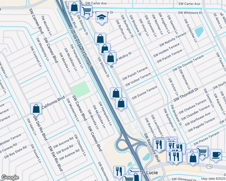 map of restaurants, bars, coffee shops, grocery stores, and more near 481 Southwest Voltair Terrace in Port St. Lucie