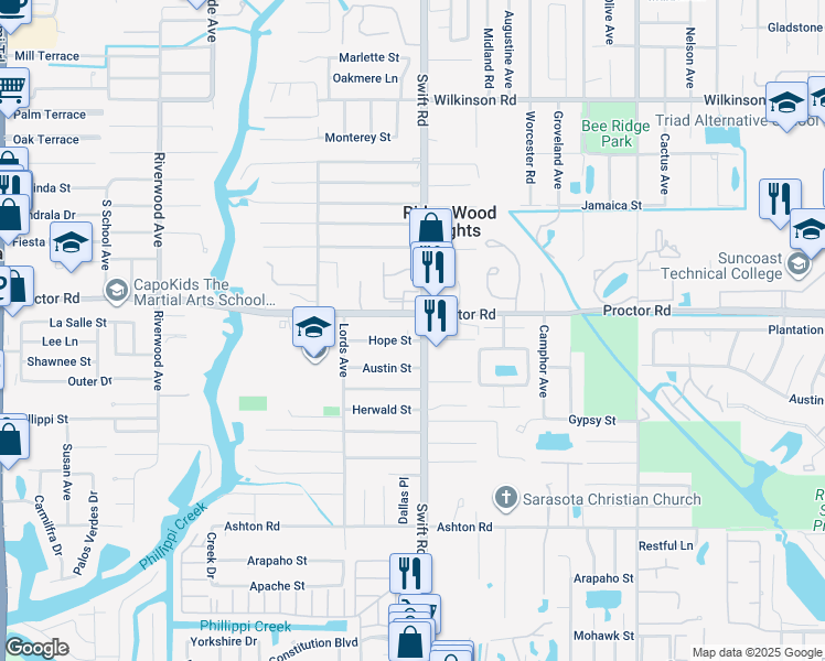 map of restaurants, bars, coffee shops, grocery stores, and more near 2715 Hope Street in Sarasota