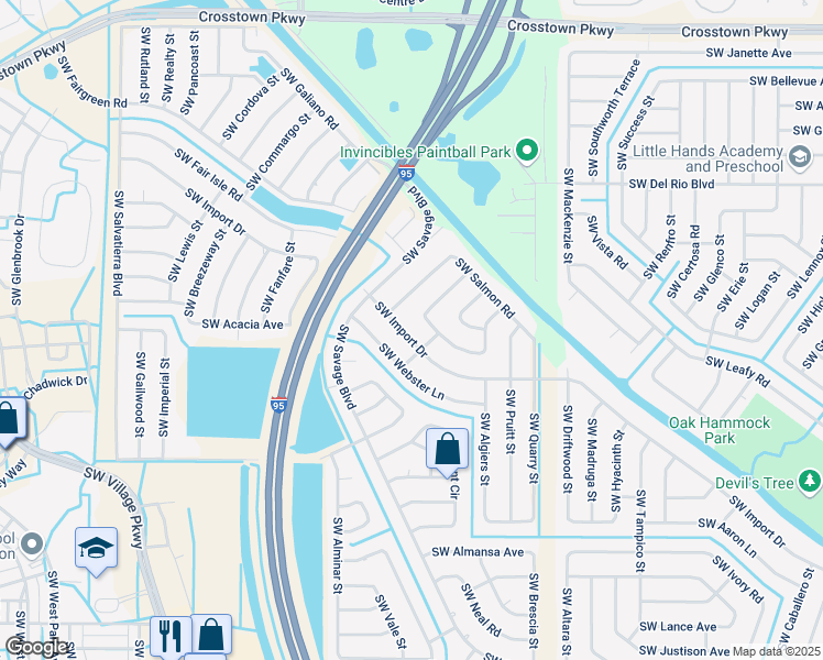 map of restaurants, bars, coffee shops, grocery stores, and more near 2325 Southwest Import Drive in Port St. Lucie