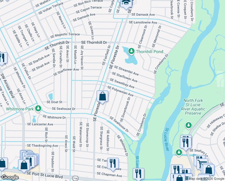 map of restaurants, bars, coffee shops, grocery stores, and more near 742 Southeast Polynesian Avenue in Port St. Lucie