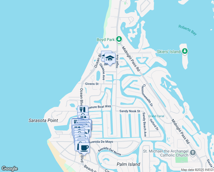 map of restaurants, bars, coffee shops, grocery stores, and more near 530 Givens Street in Siesta Key