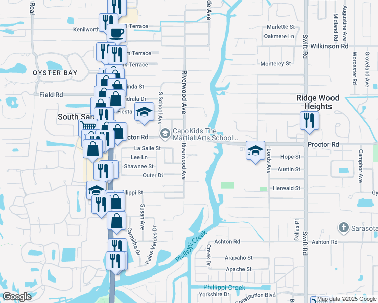map of restaurants, bars, coffee shops, grocery stores, and more near 4803 Riverwood Avenue in Sarasota