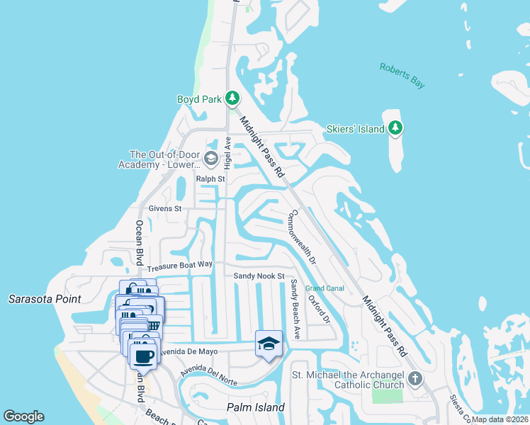 map of restaurants, bars, coffee shops, grocery stores, and more near 550 Commonwealth Place in Siesta Key