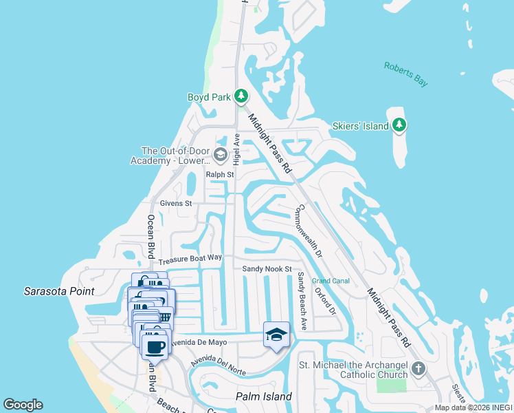 map of restaurants, bars, coffee shops, grocery stores, and more near 506 Venice Lane in Siesta Key