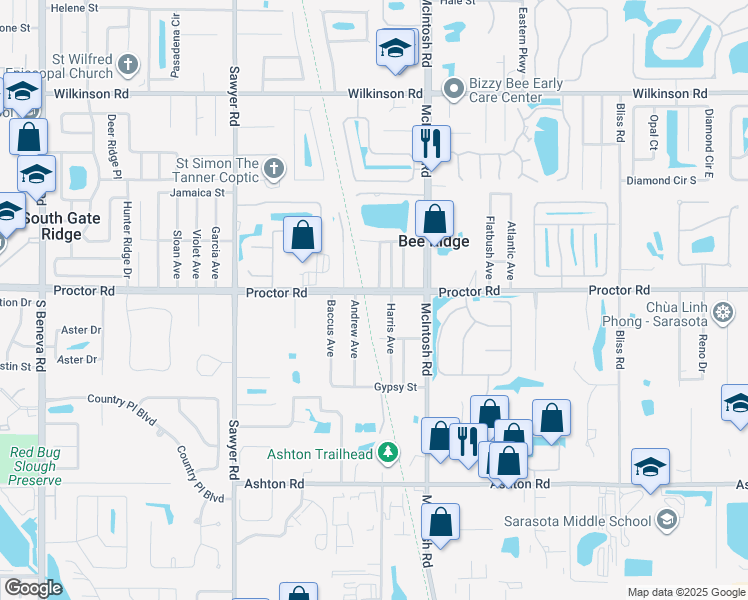 map of restaurants, bars, coffee shops, grocery stores, and more near 4276 Proctor Road in Sarasota