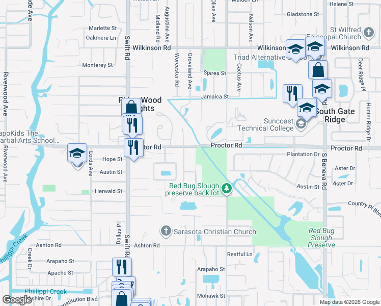 map of restaurants, bars, coffee shops, grocery stores, and more near 3028 Proctor Road in Sarasota