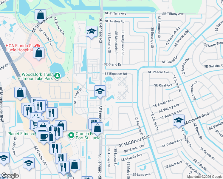 map of restaurants, bars, coffee shops, grocery stores, and more near 2073 Southeast Lennard Road in Port St. Lucie