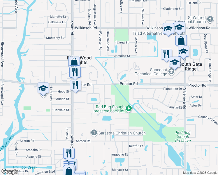map of restaurants, bars, coffee shops, grocery stores, and more near 3028 Proctor Road in Sarasota