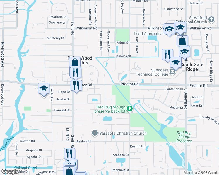 map of restaurants, bars, coffee shops, grocery stores, and more near 3028 Proctor Road in Sarasota