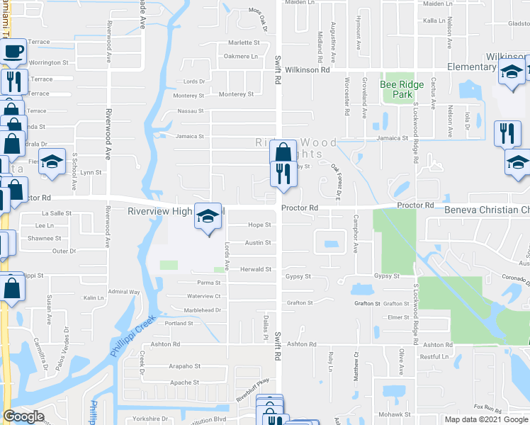 map of restaurants, bars, coffee shops, grocery stores, and more near 2715 Hope Street in Sarasota