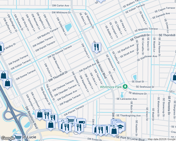 map of restaurants, bars, coffee shops, grocery stores, and more near 1949 Southwest Libra Lane in Port St. Lucie
