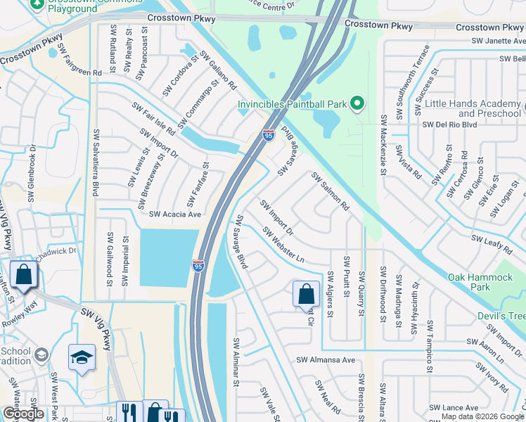 map of restaurants, bars, coffee shops, grocery stores, and more near 2470 Southwest Webster Lane in Port St. Lucie
