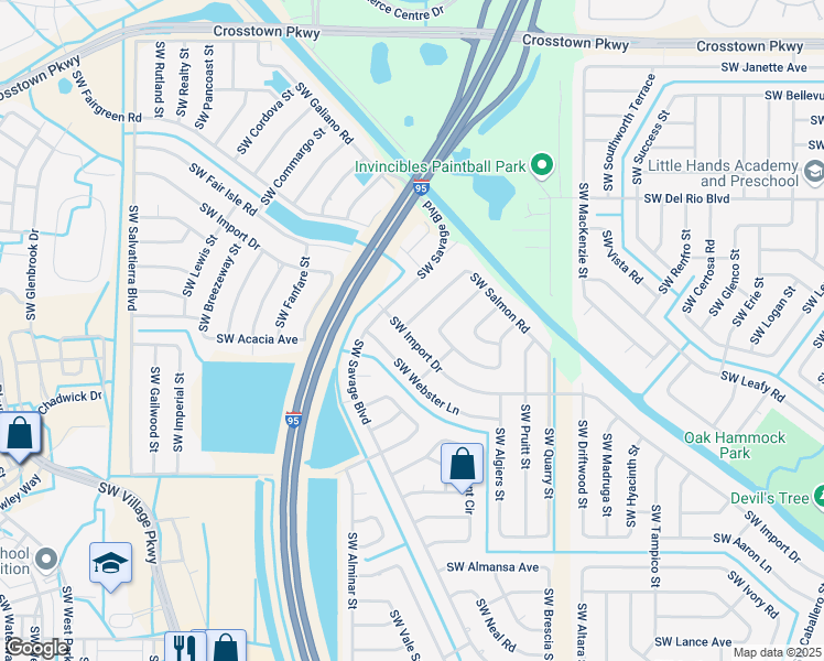map of restaurants, bars, coffee shops, grocery stores, and more near 2325 Southwest Import Drive in Port St. Lucie