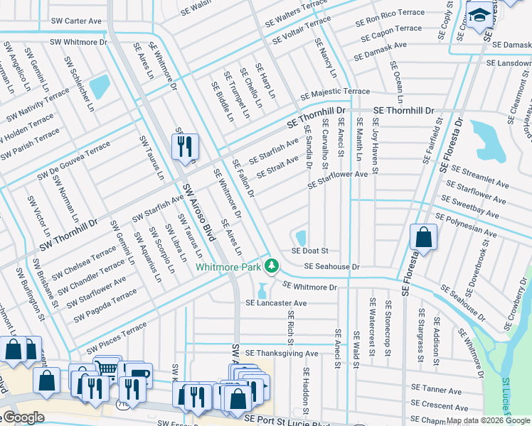 map of restaurants, bars, coffee shops, grocery stores, and more near 402 Southeast Tray Terrace in Port St. Lucie