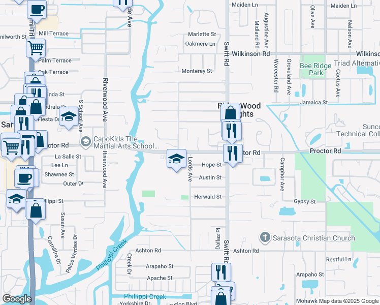 map of restaurants, bars, coffee shops, grocery stores, and more near 2632 Proctor Rd in Sarasota