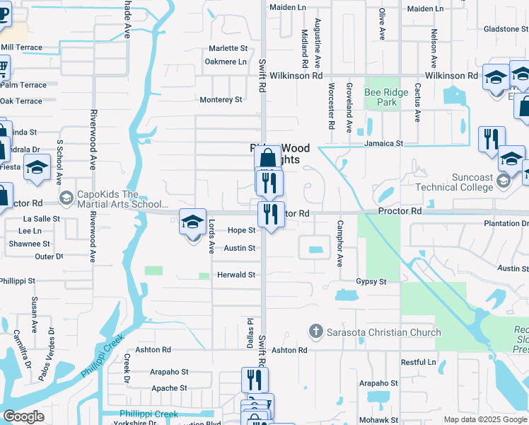 map of restaurants, bars, coffee shops, grocery stores, and more near Proctor Rd & Swift Rd in Ridge Wood Heights