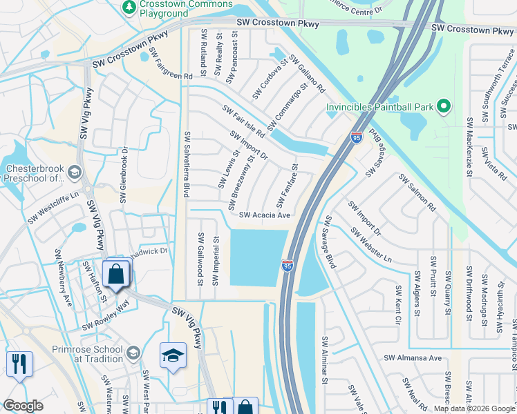 map of restaurants, bars, coffee shops, grocery stores, and more near 2592 Southwest Acacia Avenue in Port St. Lucie