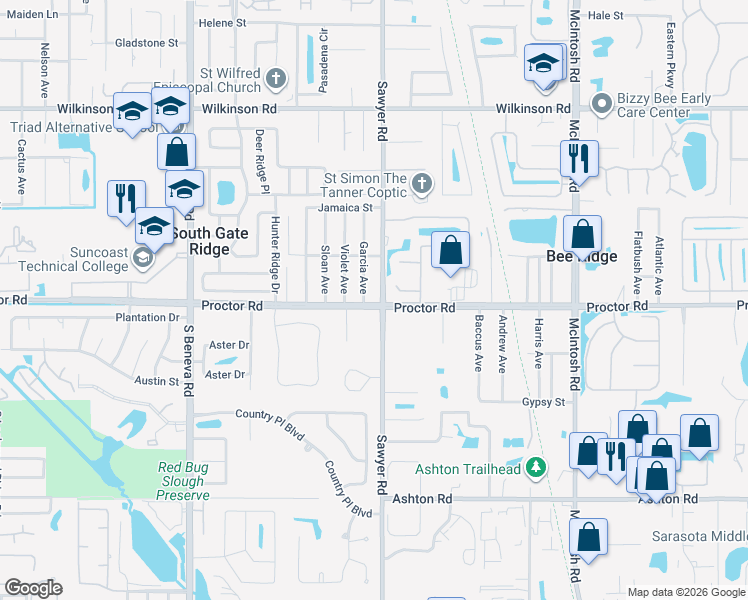 map of restaurants, bars, coffee shops, grocery stores, and more near 4810 Sawyer Road in Sarasota