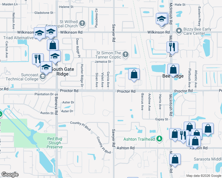 map of restaurants, bars, coffee shops, grocery stores, and more near 4810 Sawyer Road in Sarasota