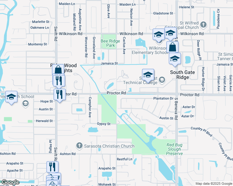 map of restaurants, bars, coffee shops, grocery stores, and more near Proctor Rd & S Lockwood Ridge Rd in Sarasota