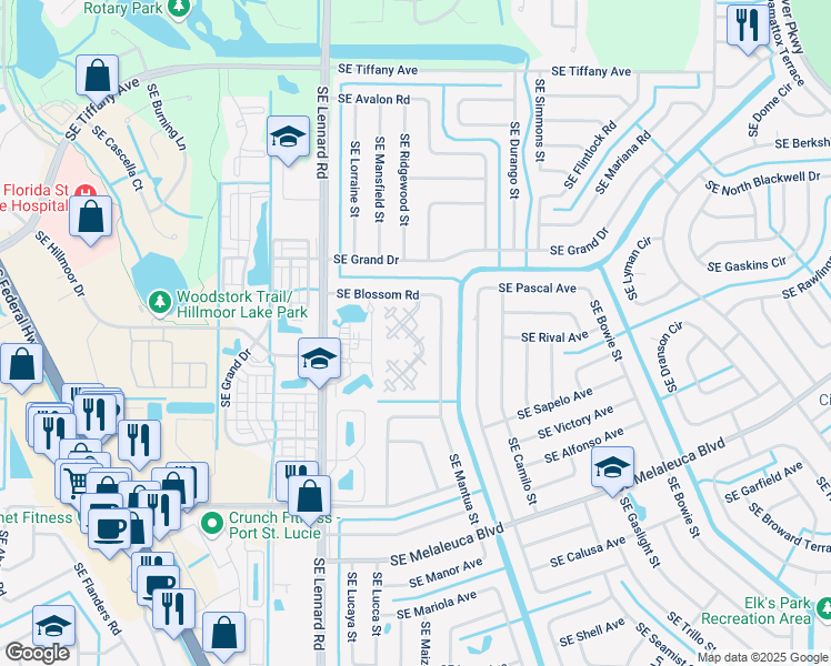 map of restaurants, bars, coffee shops, grocery stores, and more near 102 Southeast Camelot Gardens Boulevard in Port St. Lucie