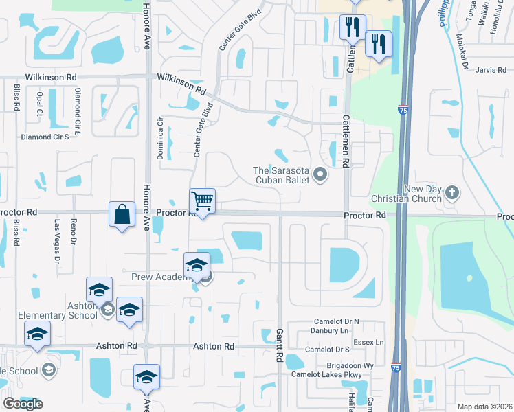 map of restaurants, bars, coffee shops, grocery stores, and more near 5525 Eastwind Drive in Sarasota