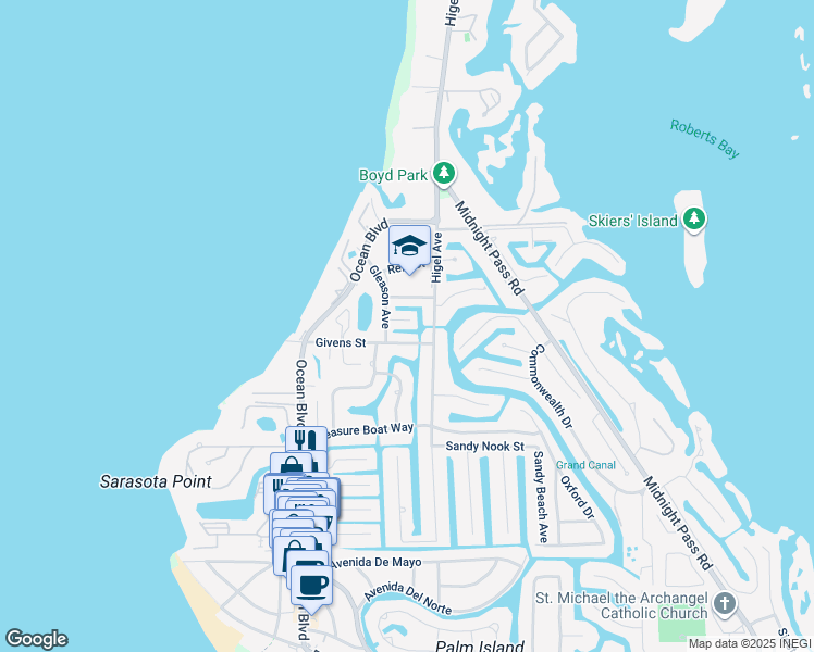 map of restaurants, bars, coffee shops, grocery stores, and more near 520 Cummings Street in Siesta Key