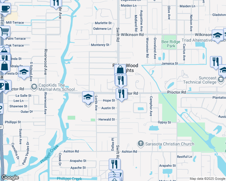 map of restaurants, bars, coffee shops, grocery stores, and more near 2782 Woodgate Lane in Sarasota