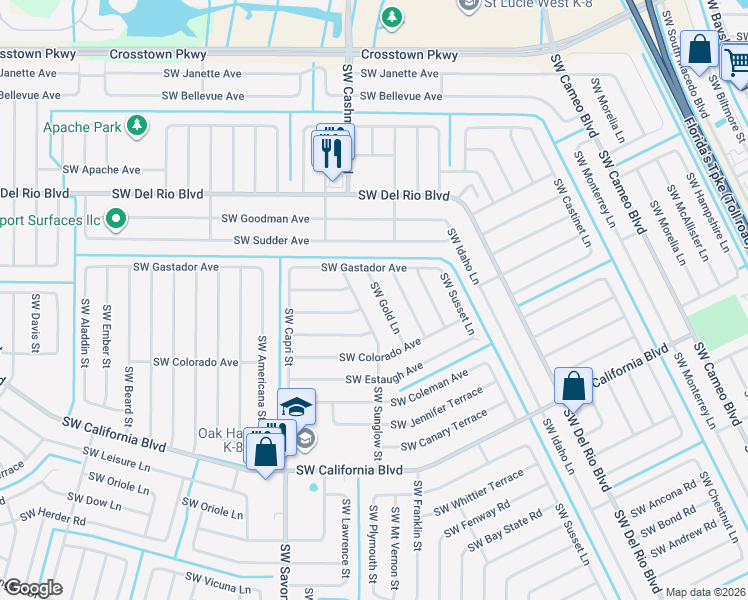 map of restaurants, bars, coffee shops, grocery stores, and more near 1932 Southwest Gold Lane in Port St. Lucie