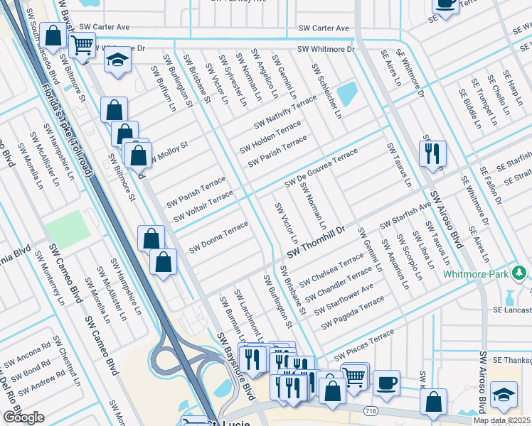 map of restaurants, bars, coffee shops, grocery stores, and more near 266 Southwest De Gouvea Terrace in Port St. Lucie