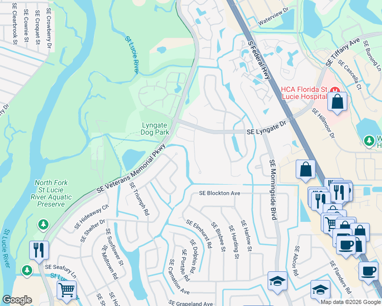 map of restaurants, bars, coffee shops, grocery stores, and more near 1825 Southeast Vesthaven Court in Port St. Lucie