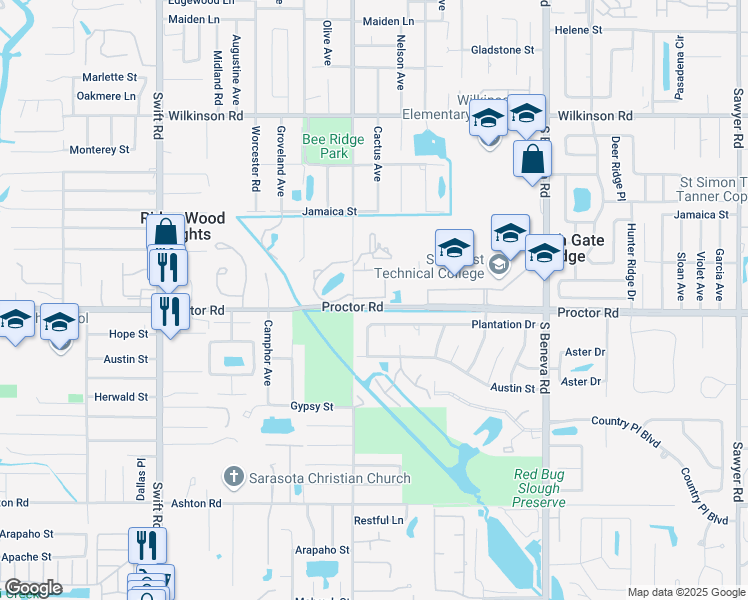 map of restaurants, bars, coffee shops, grocery stores, and more near 3271 Proctor Road in Sarasota