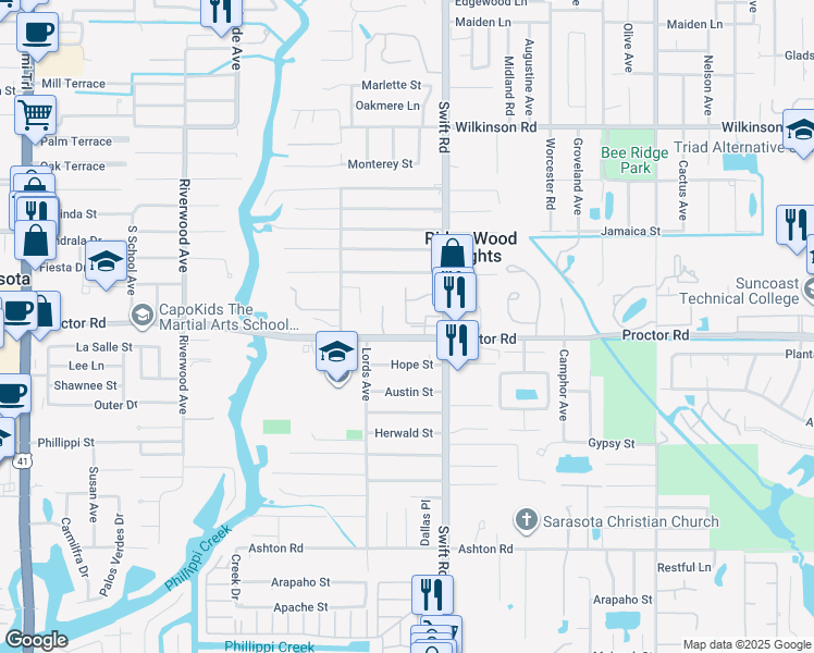 map of restaurants, bars, coffee shops, grocery stores, and more near 2765 Woodgate Lane in Sarasota