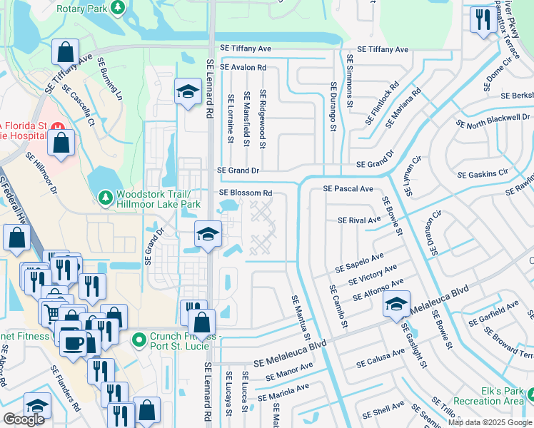 map of restaurants, bars, coffee shops, grocery stores, and more near 102 Southeast Camelot Gardens Boulevard in Port St. Lucie