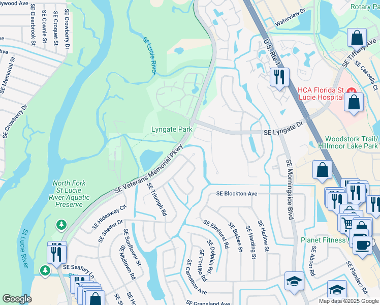 map of restaurants, bars, coffee shops, grocery stores, and more near 1470 Southeast Vesthaven Circle in Port St. Lucie