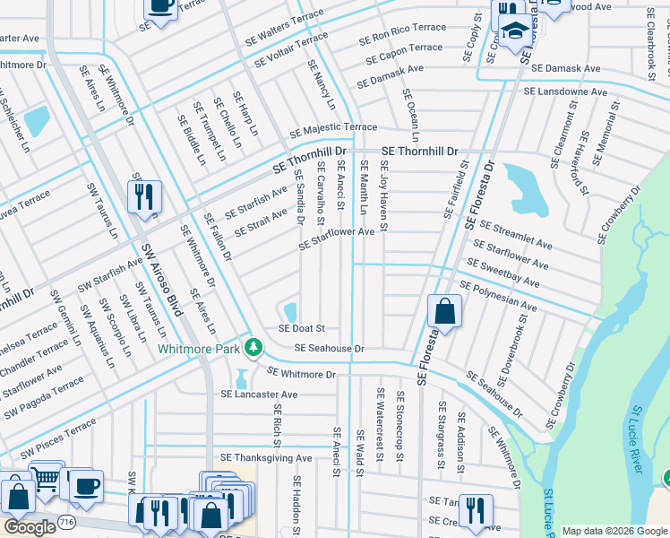 map of restaurants, bars, coffee shops, grocery stores, and more near 1850 Southeast Aneci Street in Port St. Lucie