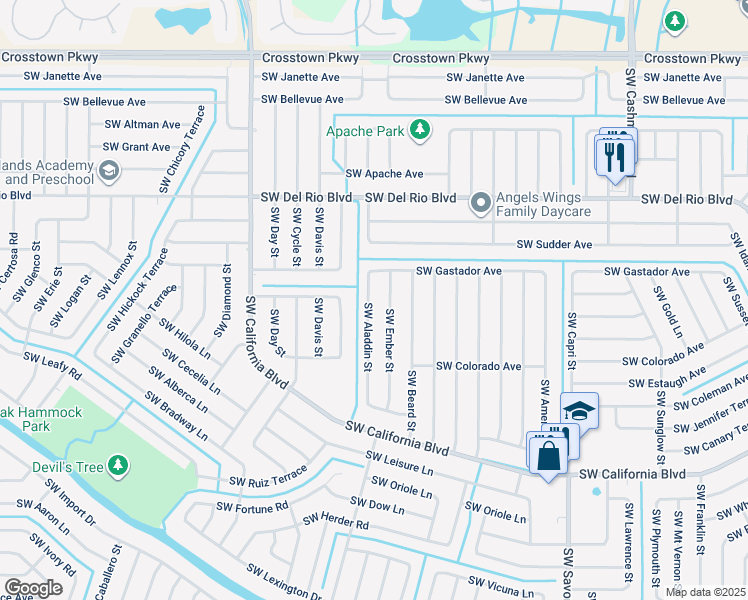 map of restaurants, bars, coffee shops, grocery stores, and more near 1925 Southwest Aladdin Street in Port St. Lucie