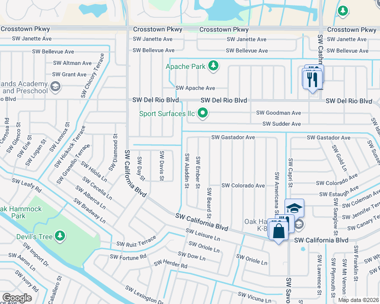 map of restaurants, bars, coffee shops, grocery stores, and more near 1925 Southwest Aladdin Street in Port St. Lucie