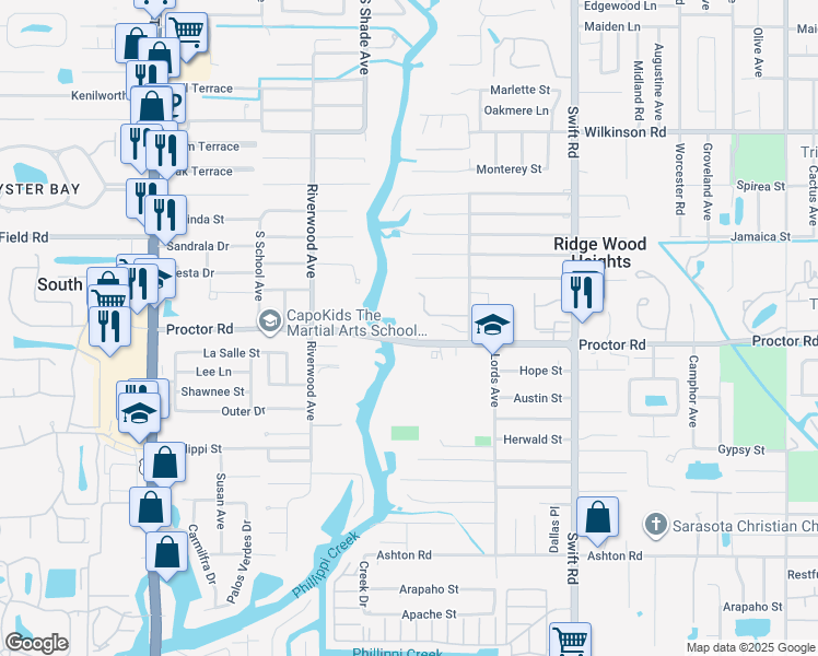 map of restaurants, bars, coffee shops, grocery stores, and more near 4713 Rivetta Court in Sarasota