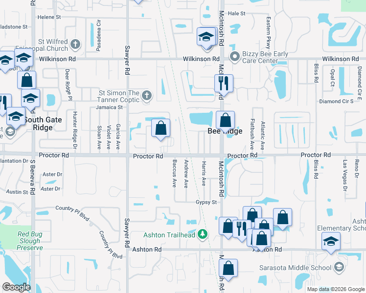 map of restaurants, bars, coffee shops, grocery stores, and more near 4740 Woodward Place in Sarasota