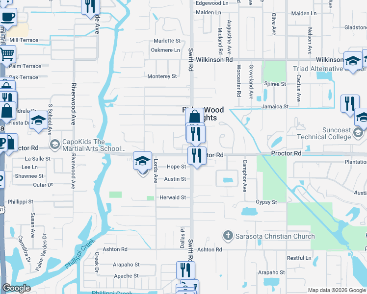 map of restaurants, bars, coffee shops, grocery stores, and more near 2765 Woodgate Lane in Sarasota