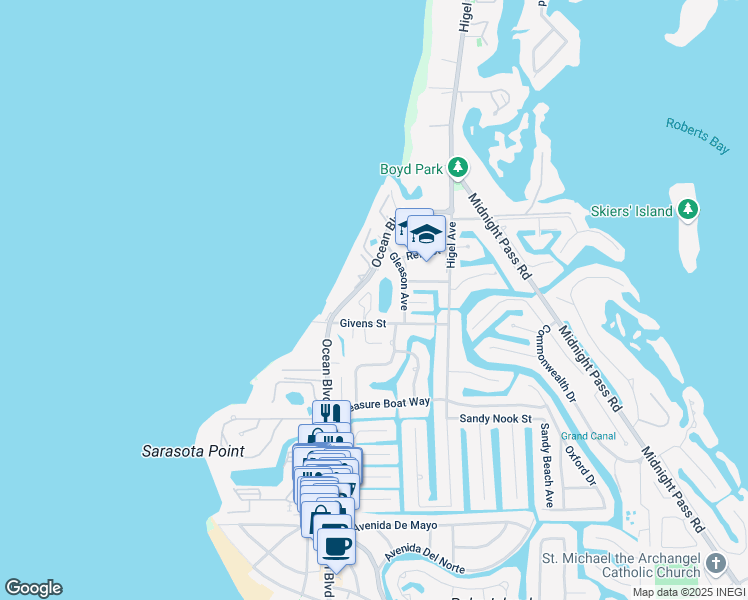 map of restaurants, bars, coffee shops, grocery stores, and more near 6901 Bochi Circle in Siesta Key