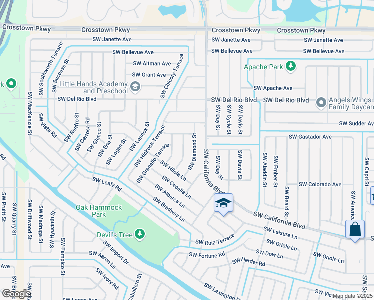 map of restaurants, bars, coffee shops, grocery stores, and more near 1926 Southwest Hillman Street in Port St. Lucie