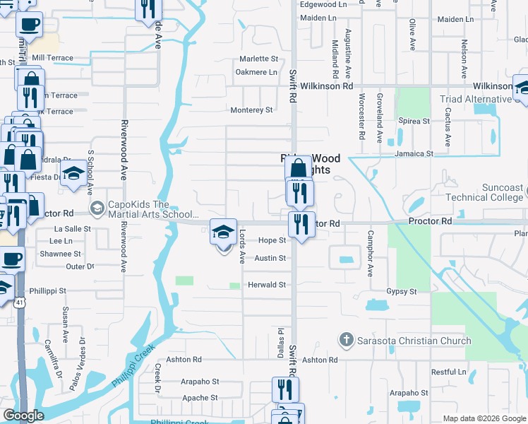 map of restaurants, bars, coffee shops, grocery stores, and more near 4769 Sonada Court in Sarasota