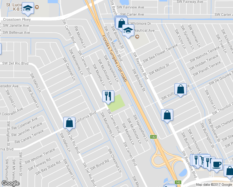 map of restaurants, bars, coffee shops, grocery stores, and more near 726 Southwest Amber Terrace in Port St. Lucie