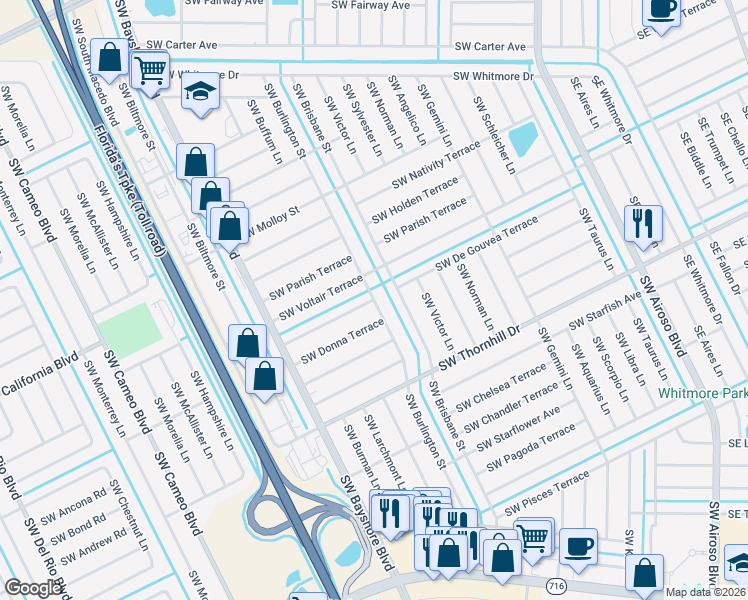 map of restaurants, bars, coffee shops, grocery stores, and more near Southwest Burlington Street in Port St. Lucie