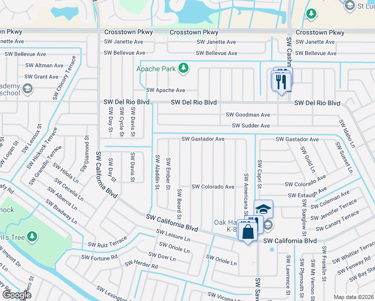 map of restaurants, bars, coffee shops, grocery stores, and more near 1913 Southwest Beard Street in Port St. Lucie